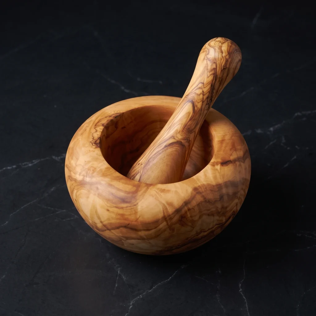 Handcrafted round olive wood mortar and pestle with smooth rounded rim