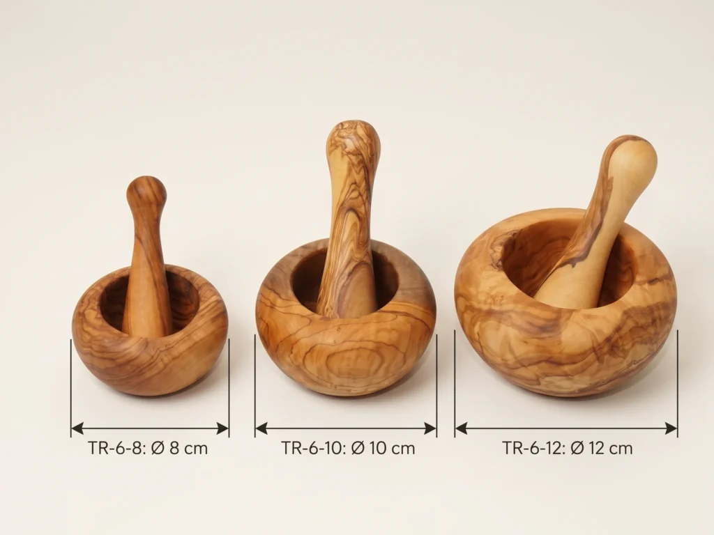 Technical size comparison of round olive wood mortars and pestles TR-6-8, TR-6-10, and TR-6-12 with dimensions