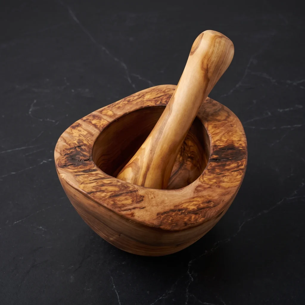 Handcrafted rustic olive wood mortar and pestle with live bark edge