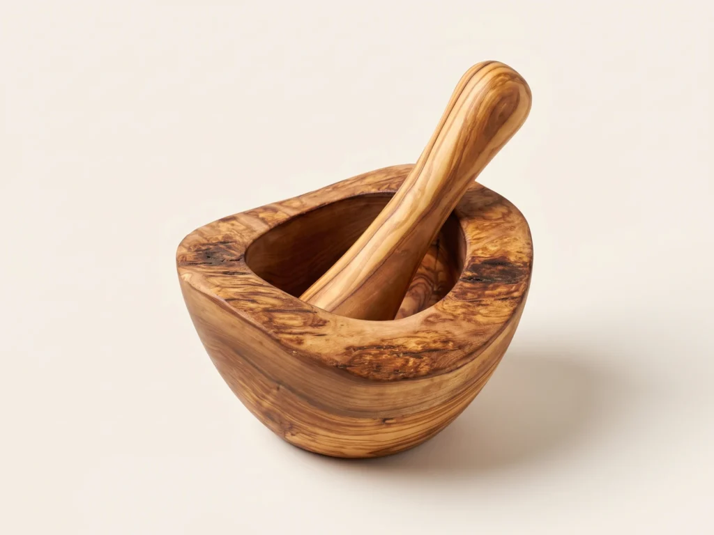 Three-quarter view of rustic olive wood mortar and pestle TR-7 on seamless warm ivory background