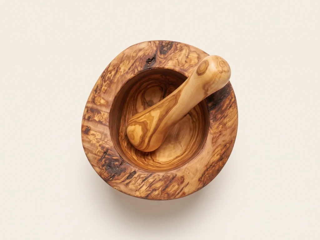Top-down overhead view of rustic live edge olive wood mortar and pestle TR-7