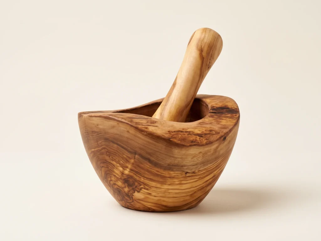 Low-profile side view of rustic olive wood mortar with pestle standing inside