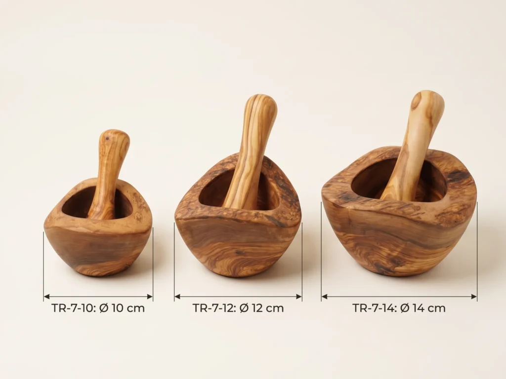 Technical size comparison of rustic olive wood mortars and pestles TR-7-10, TR-7-12, and TR-7-14 with dimensions