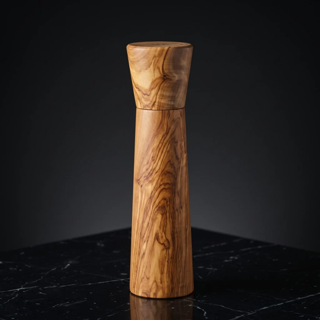 Moulin à poivre conique minimaliste TR-38 en bois d'olivier massif sur marbre noir Nero Marquina