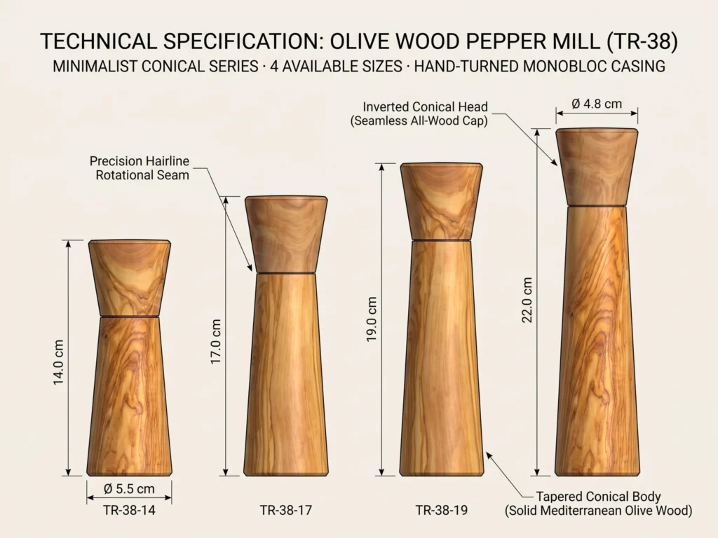 Schéma technique coté CAD comparatif des 4 tailles du moulin à poivre TR-38 (14 cm, 17 cm, 19 cm, 22 cm)