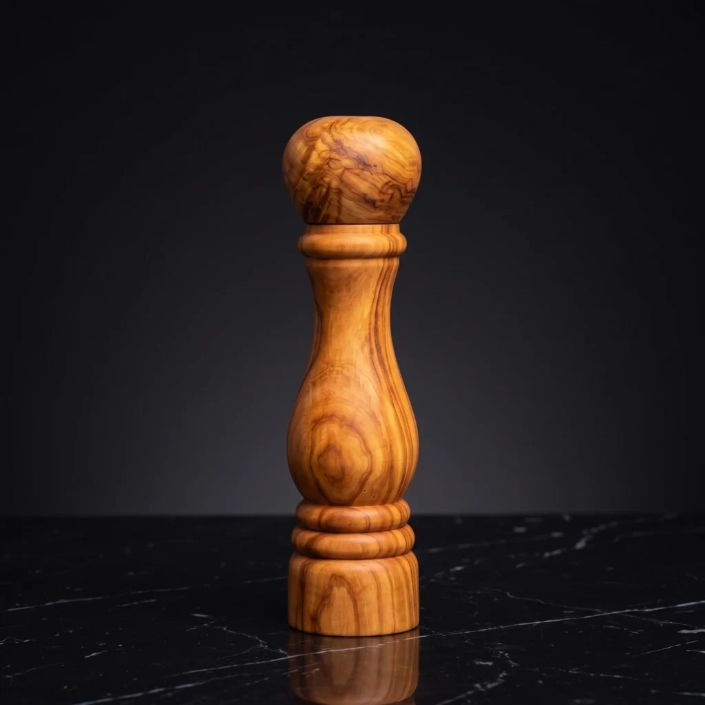 Moulin à poivre artisanal galbé TR-39 en bois d'olivier massif sur marbre noir Nero Marquina