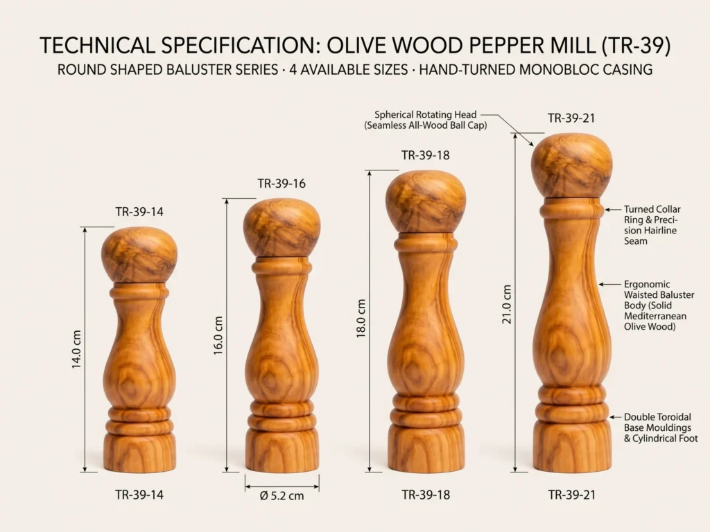 Schéma technique coté et dimensions d'atelier du moulin à poivre TR-39 en 4 tailles 14cm, 16cm, 18cm et 21cm