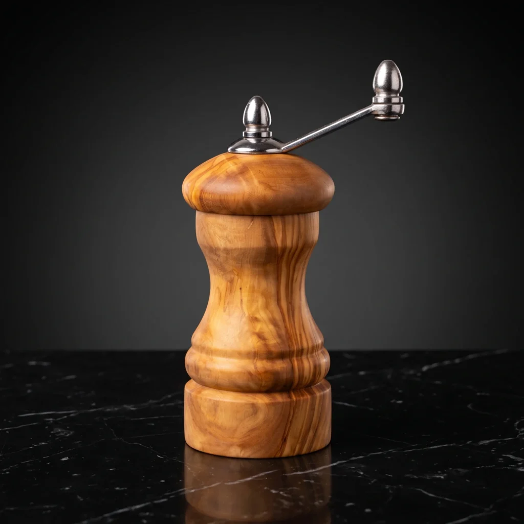 Mini moulin à poivre artisanal TR-40 en bois d'olivier avec manivelle métallique sur marbre noir Nero Marquina