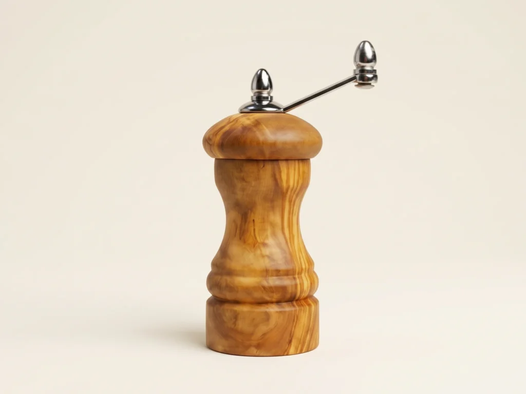 Vue perspective trois quarts du mini moulin à poivre en bois d'olivier TR-40 avec manivelle chromée et bouton en gland
