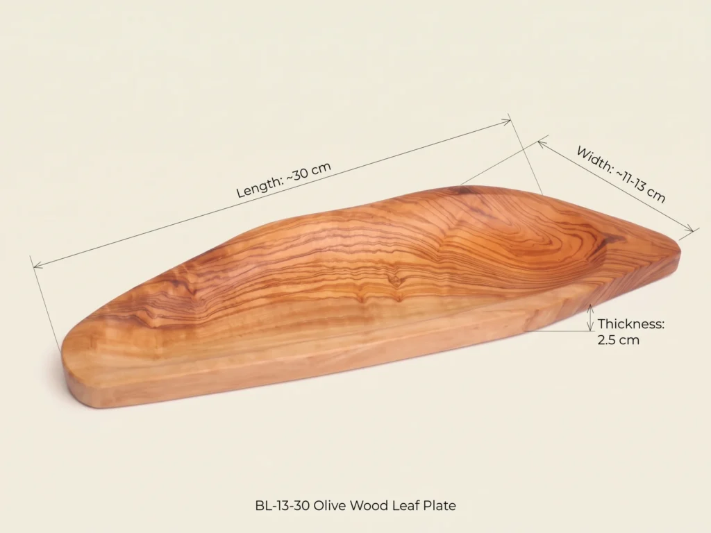 Technical dimension callout and CAD drawing of olive wood leaf plate BL-13-30 (~30cm)