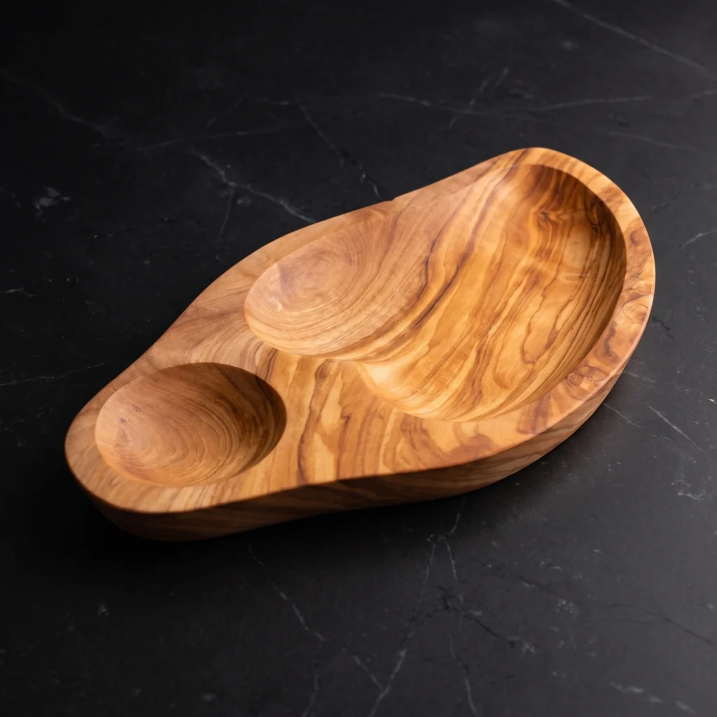 Handcrafted olive wood olive dish with integrated pit compartment