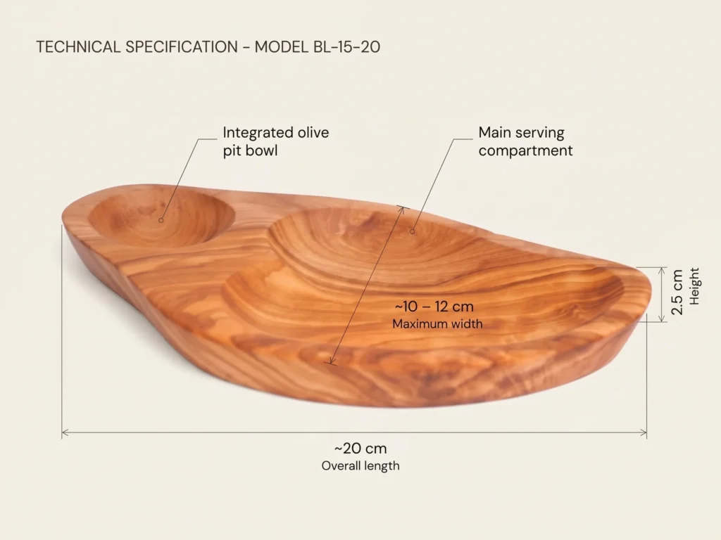 Technical dimension callout and CAD drawing of olive wood dish BL-15-20 (~20cm)