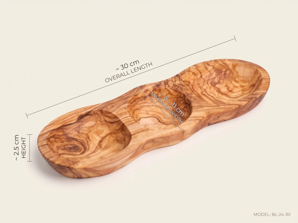 Technical dimension callout and CAD drawing of olive wood appetizer platter BL-24-30 (~30cm)