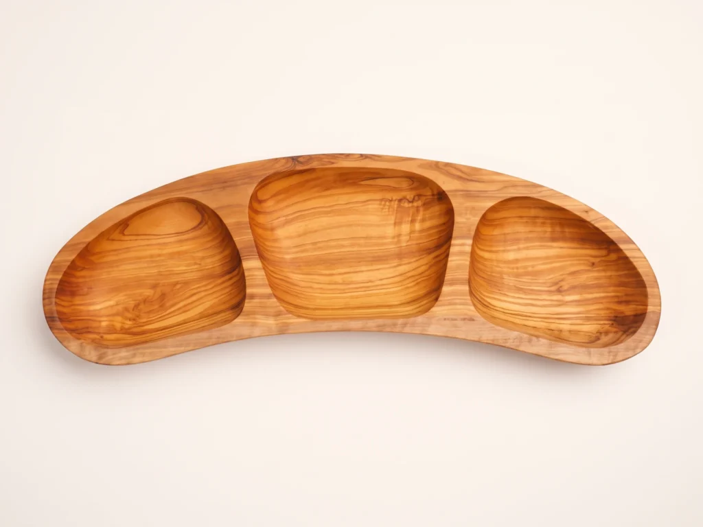 Direct top-down 90-degree orthogonal view of appetizer platter BL-25 showing curved boat silhouette and three hollowed basins