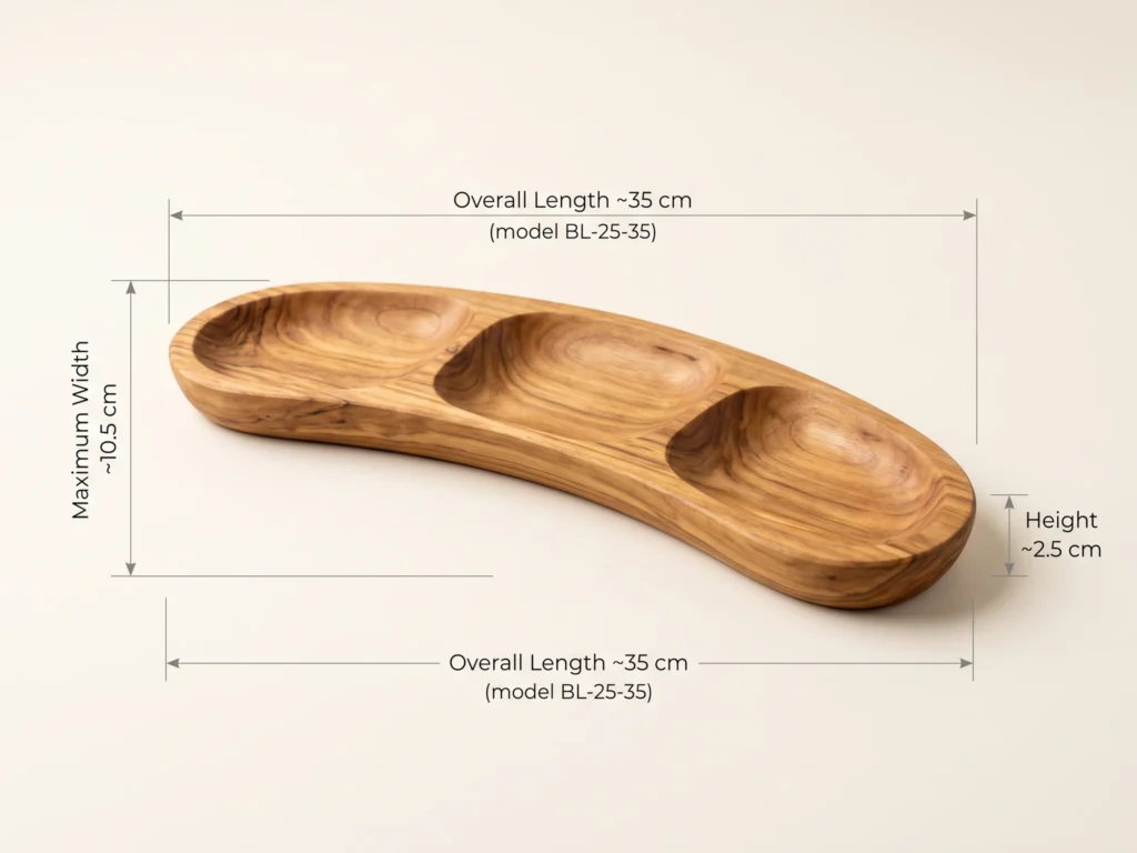 Technical dimension callout and CAD drawing of olive wood appetizer platter BL-25-35 (~35cm)