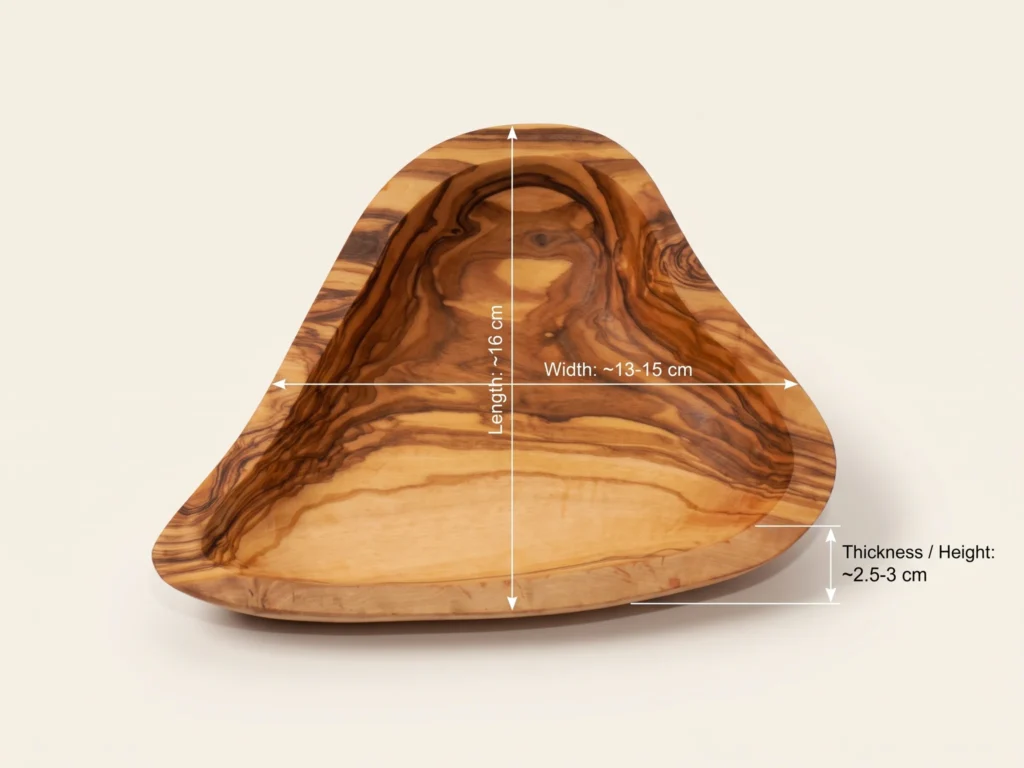 Technical dimensional drawing and specification view of olive wood heart dish BL-8-16 (~16cm)