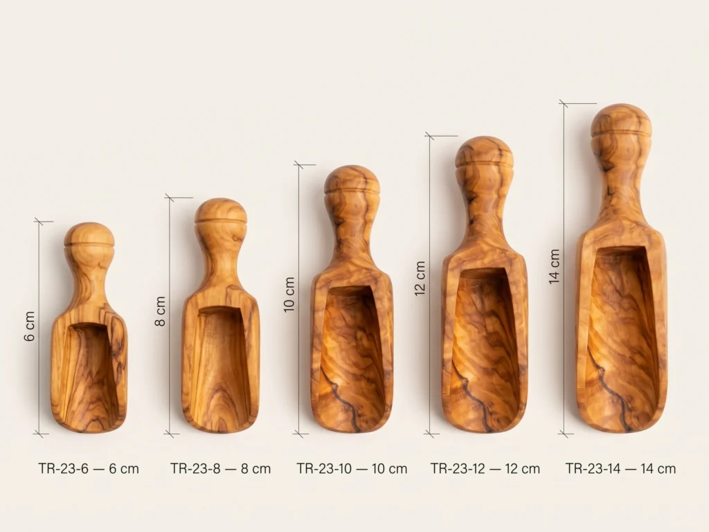 Technical CAD specification diagram comparing all 5 olive wood spice scoop sizes TR-23-6 6cm, TR-23-8 8cm, TR-23-10 10cm, TR-23-12 12cm, TR-23-14 14cm
