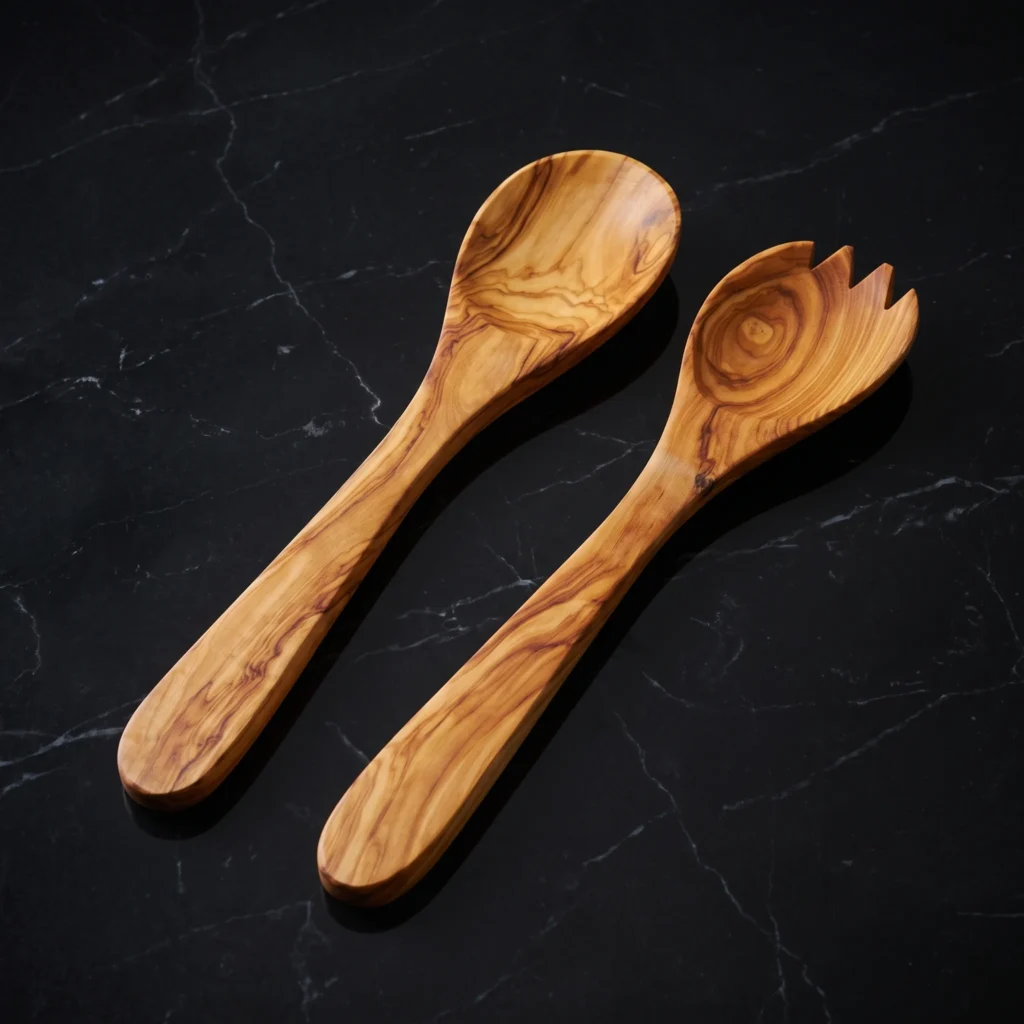 Handcrafted olive wood salad server set on black marble