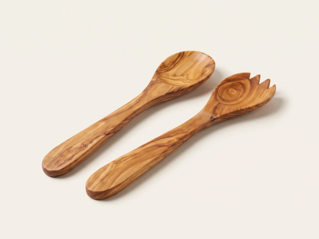 Handcrafted olive wood salad servers spoon and 3-prong fork side by side in three-quarter perspective on warm ivory background