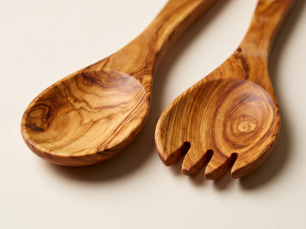 Macro close-up on olive wood salad server heads showing 3 sculpted tines and natural concentric wood knot