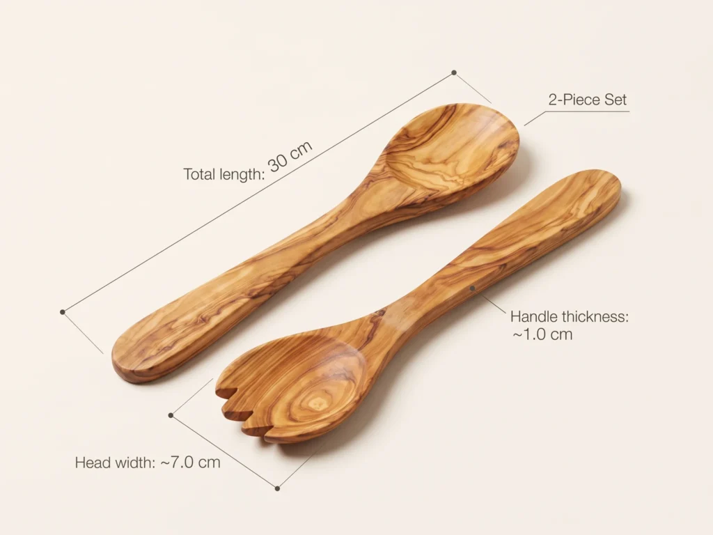 Perspective product photograph of olive wood salad server set with minimalist dimension callouts 30 cm length, 7 cm head, 1 cm thickness
