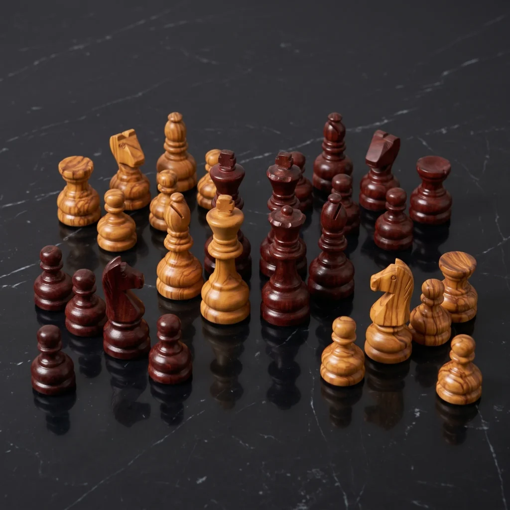 Jeu complet de 32 pièces d'échecs artisanales en bois d'olivier massif (16 naturelles et 16 teintées bordeaux) disposées face-à-face sur marbre noir Nero Marquina