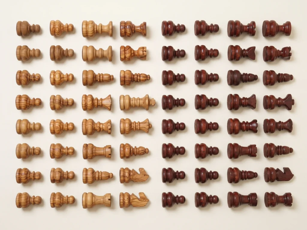 Vue de dessus zénithale à 90 degrés knolling des 32 pièces d'échecs artisanales ordonnées symétriquement sur fond ivoire