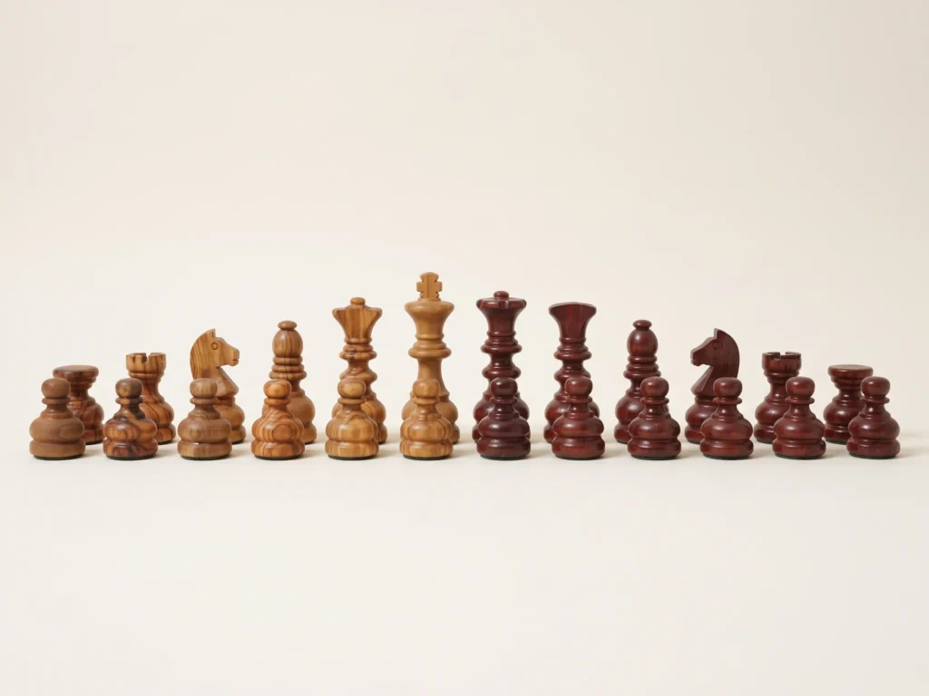 Vue profil rasant des pièces d'échecs artisanales en bois d'olivier montrant l'assise, les bases à gradins et la hiérarchie des hauteurs