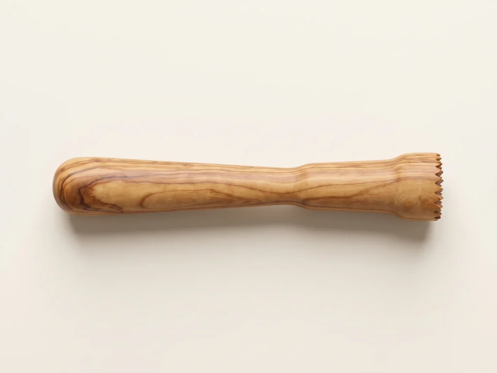 Pilon à cocktail en bois d'olivier TR-33 vu de dessus à plat à 90 degrés knolling