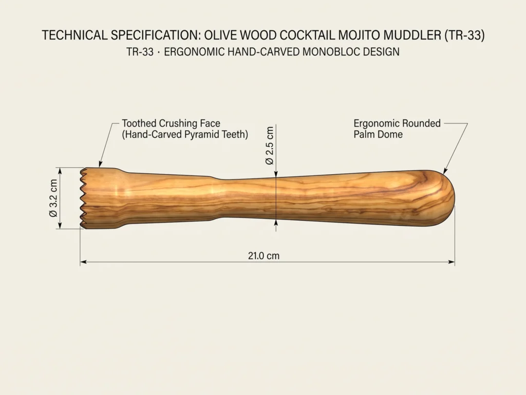 Schéma technique coté CAD du pilon à cocktail TR-33 longueur 21.0 cm, tête Ø 3.2 cm, collet Ø 2.5 cm