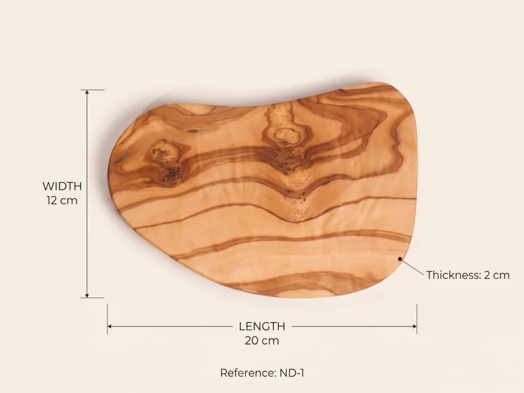 Small organic olive wood cutting board ND-1 technical dimension callout 20 x 12 x 2 cm