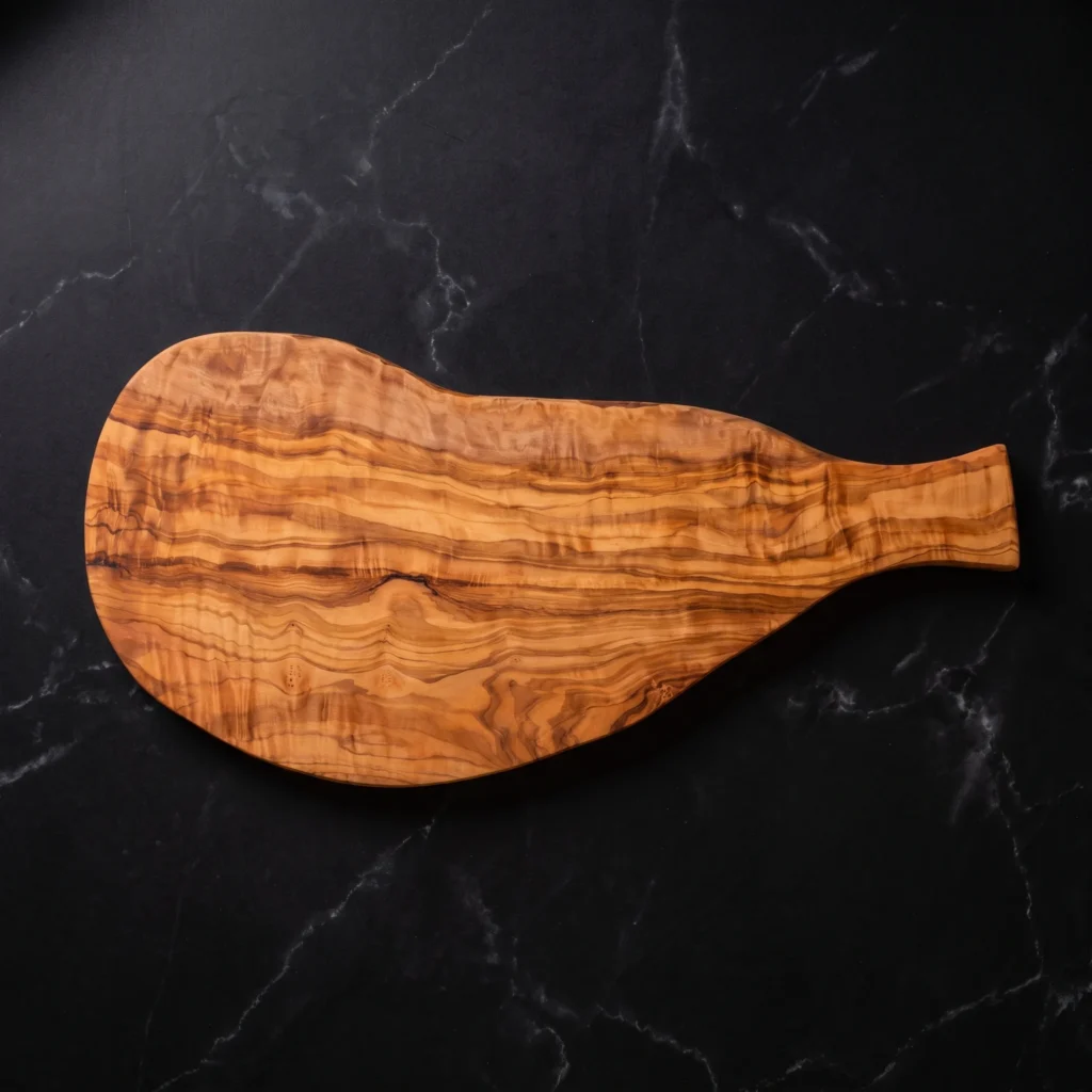 Natural shaped olive wood cutting board with handle