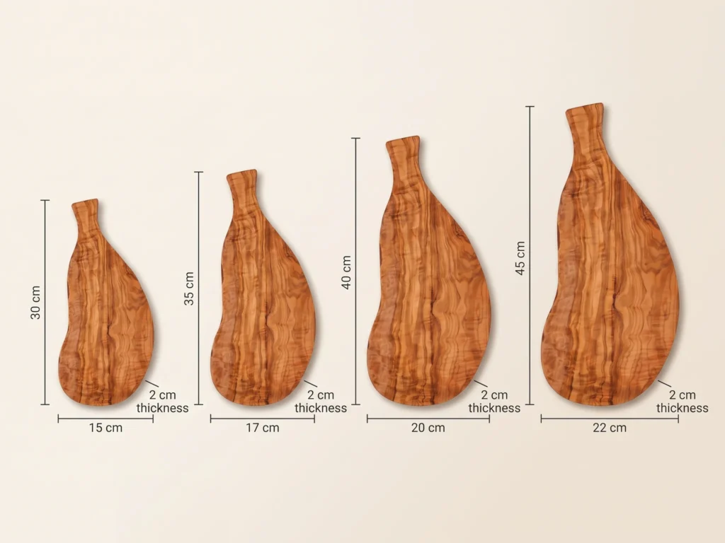 Natural shaped olive wood cutting board with handle size comparison showing 30x15, 35x17, 40x20 and 45x22 cm