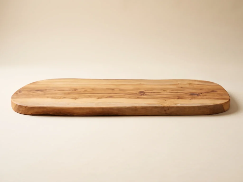 Natural shaped olive wood cutting board low-profile grazing edge view