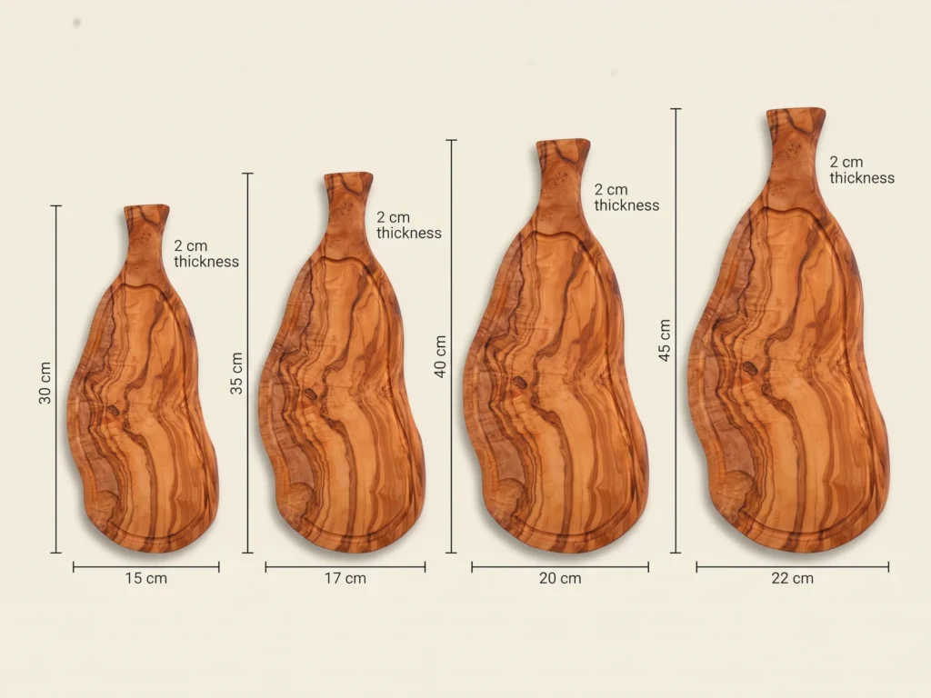 Natural shaped olive wood cutting board with juice groove and handle size comparison showing 30x15, 35x17, 40x20 and 45x22 cm