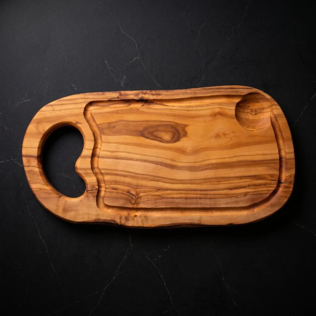 Natural shaped olive wood cutting board with juice groove and hole