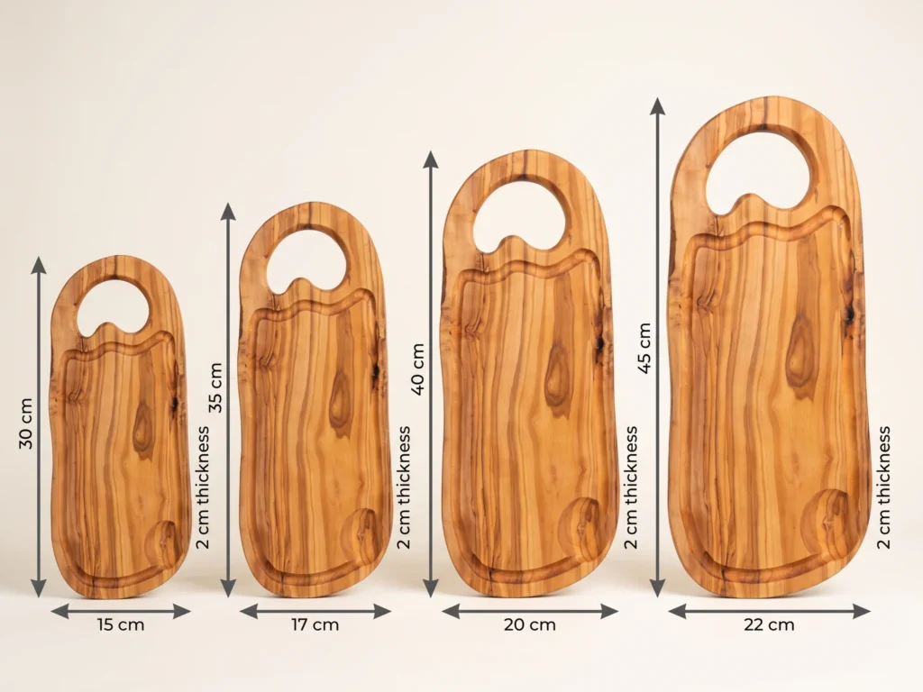 Olive wood cutting board size comparison showing four available dimensions in cm