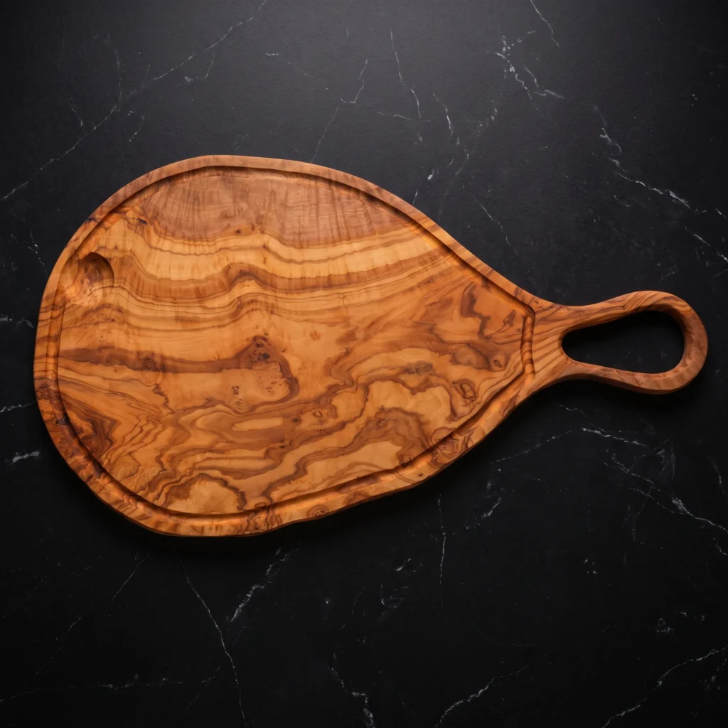 Large natural shaped olive wood cutting board with juice groove and hole