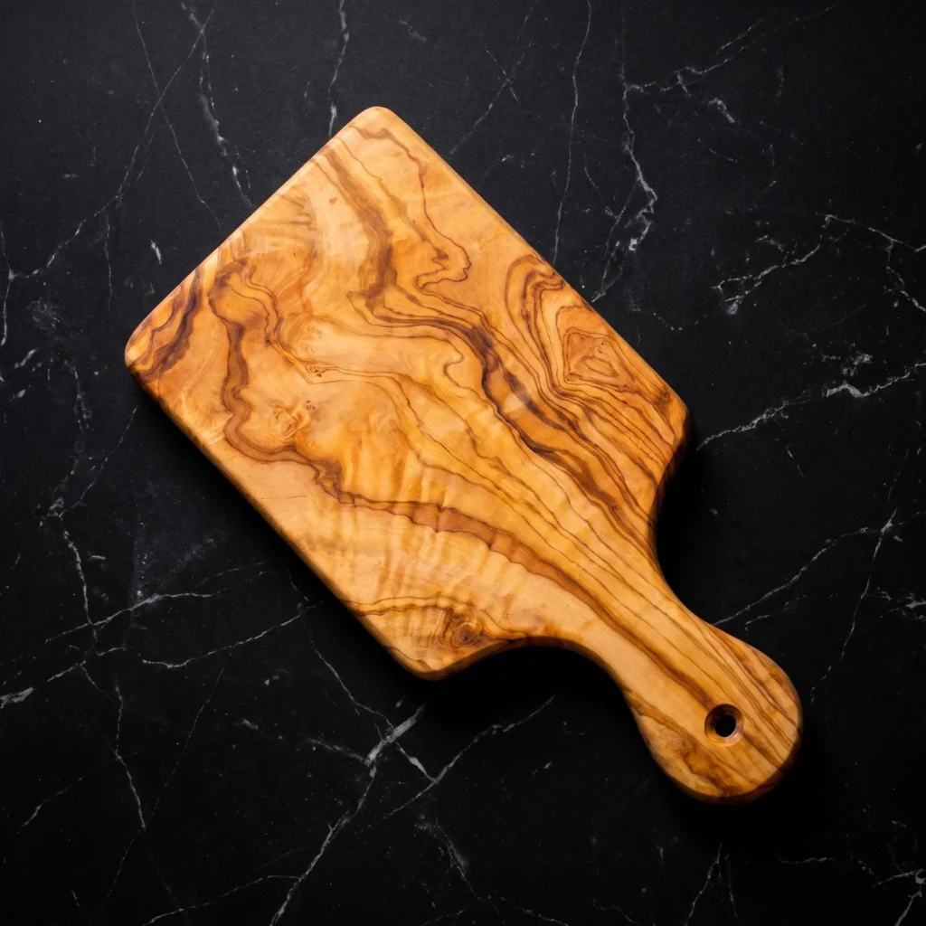 Olive wood persil board with sculpted handle and hanging hole