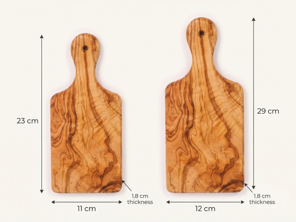 Olive wood persil board size comparison showing 23x11 and 29x12 cm with 1.8 cm thickness