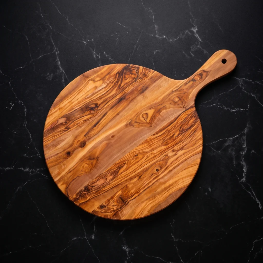 Round olive wood board with handle