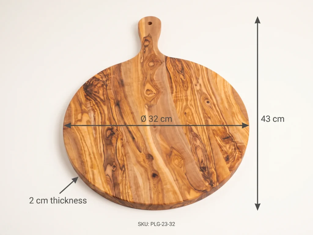 Round olive wood board with handle dimension specification callout