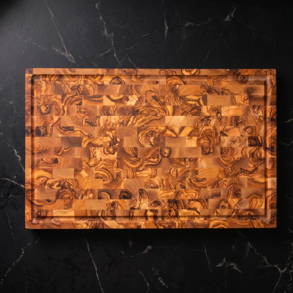 Rectangular butcher block cutting board with groove and rounded corners