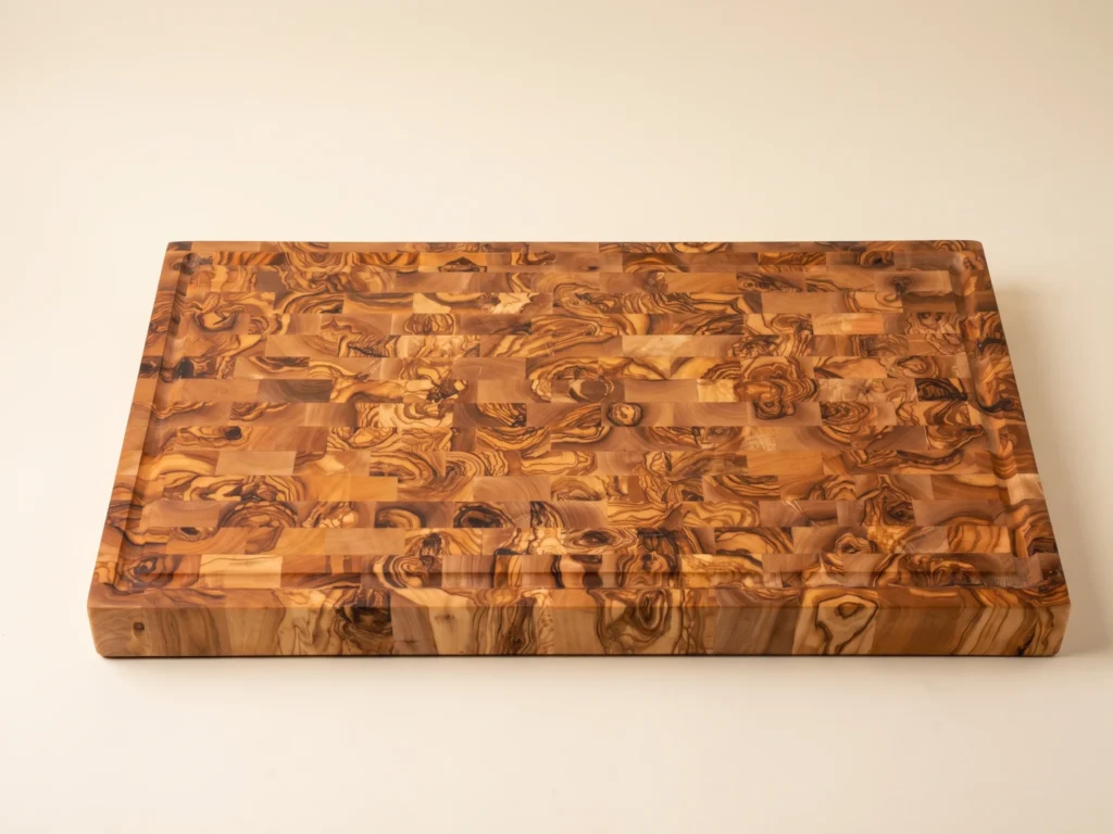 Rectangular butcher block cutting board three-quarter perspective view