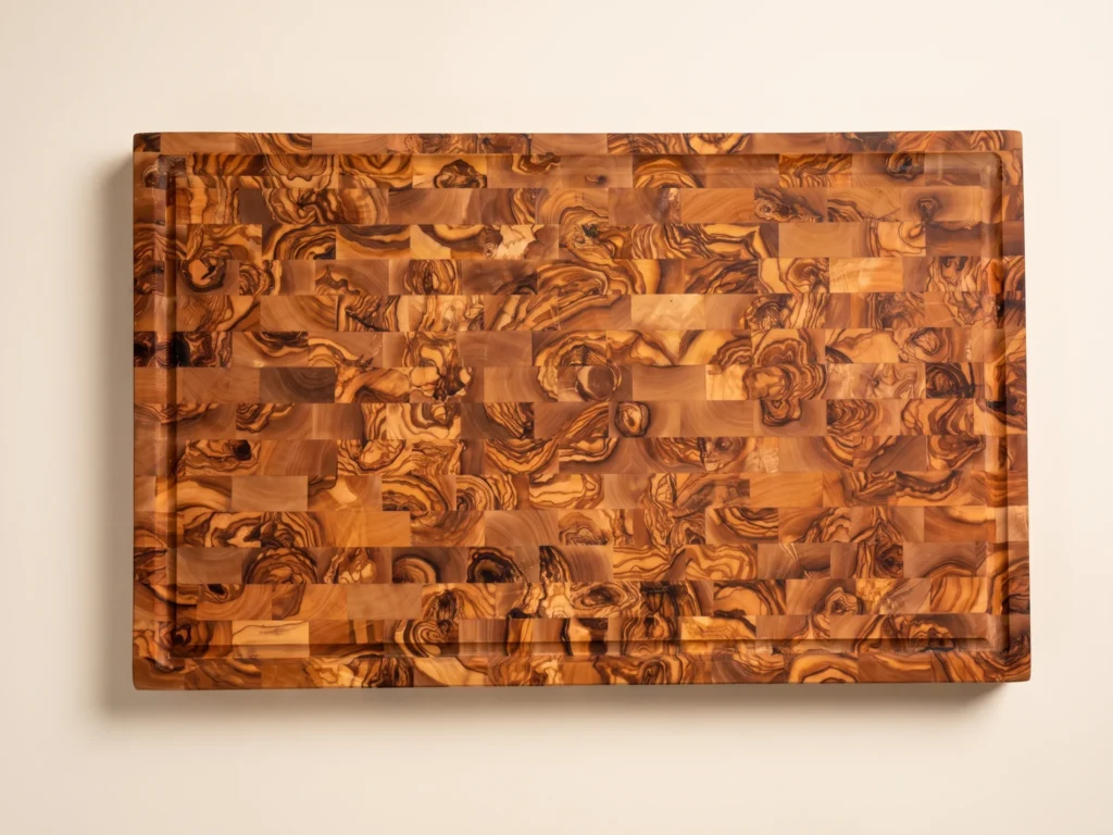 Rectangular butcher block cutting board overhead 90-degree view