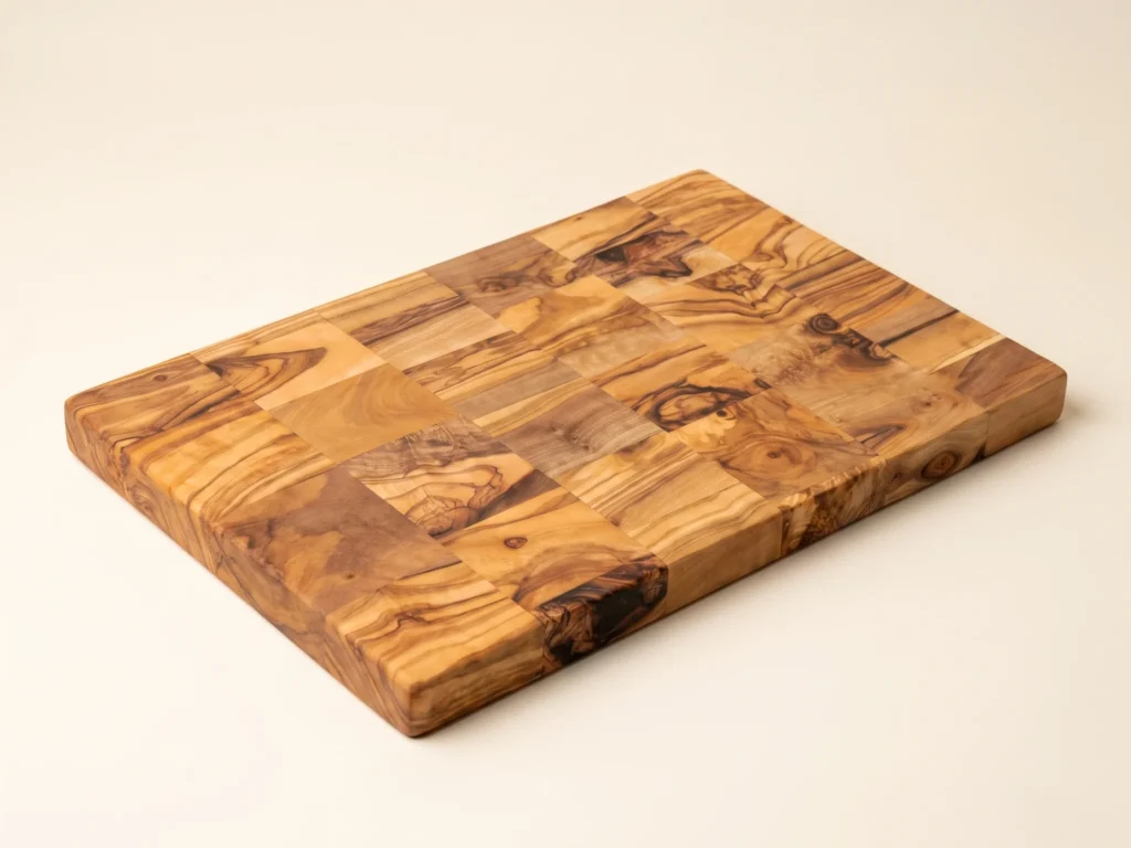 Checkerboard parquet olive wood cutting board three-quarter perspective view