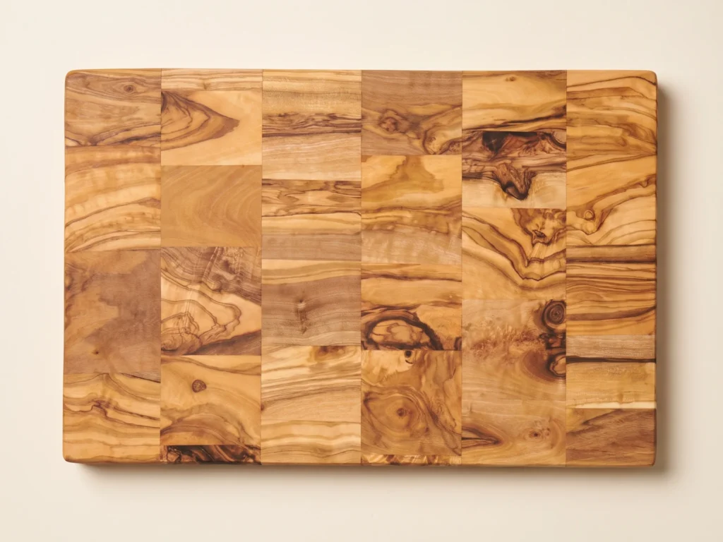 Checkerboard parquet olive wood cutting board overhead 90-degree view