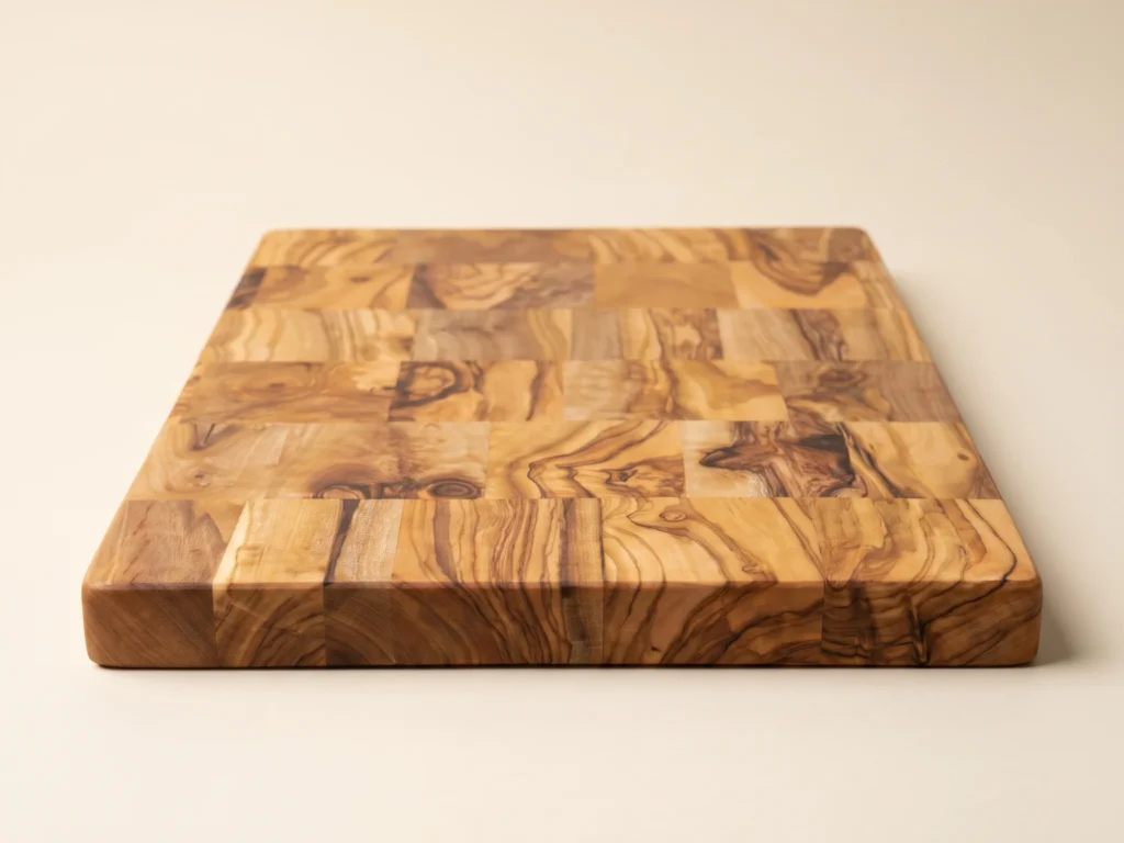 Checkerboard parquet olive wood cutting board low profile 2 cm thickness view