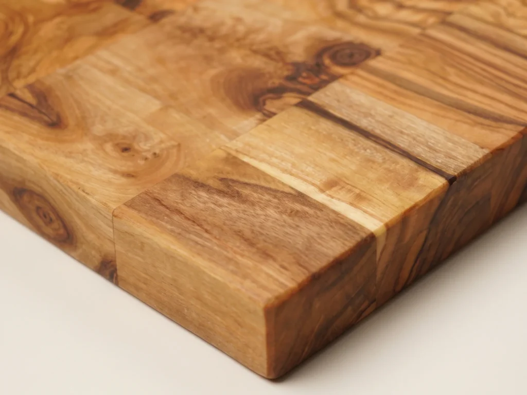 Checkerboard parquet olive wood cutting board macro detail wood squares and grain