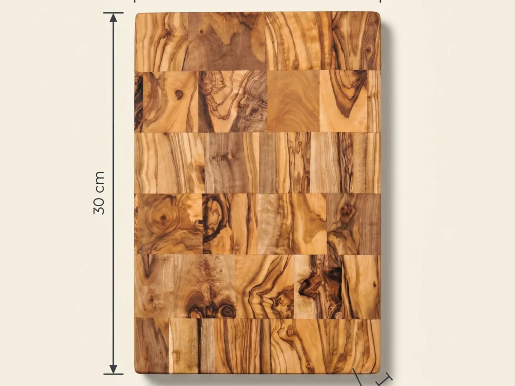 Checkerboard parquet olive wood cutting board dimension callout PLG-31-20